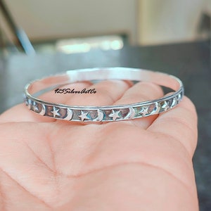Sterling Silver Star Moon Bangle: Oxidized Stacking Bracelet