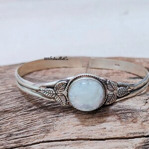 Rainbow Moonstone Bangle: Handmade 925 Sterling Silver Flower Design