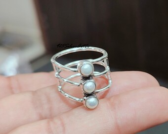 Handmade 925 Silver Pearl Ring: Gemstone Band Ring