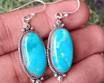 Mohave Kingman Turquoise Oval Earrings: Handmade Sterling Silver Jewelry
