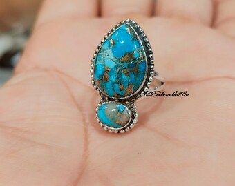 Blue Copper Turquoise Ring, Handmade Ring, Turquoise Boho Ring, Turquoise Jewelry, 925 Sterling Ring, Designer Ring, Christmas Gift For Her