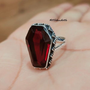 Red Garnet Coffin Ring: 925 Sterling Silver Split Band