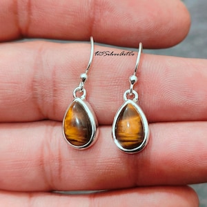 Tiny Tiger's Eye Dangle Drop Earring, 925 Silver handmade Earring Jewelry, Tiger's Eye Gemstone Earring For Girls & Women, Etsy Gift For Her