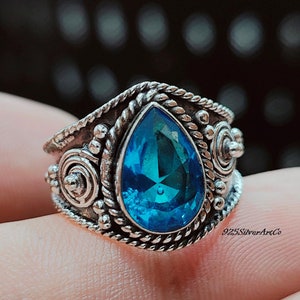 Handmade Pear Blue Topaz Ring: 925 Sterling Silver Band