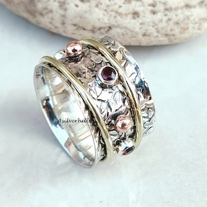 Faceted Garnet Flower Band Spinner Ring, Brass Band Spinner, 925 Silver Ring, Engagement Ring, Promise Ring, Gift For Her, Women Ring
