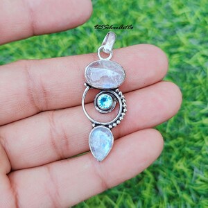 Moonstone With Blue Topaz Pendant, 925 Sterling Silver Necklace, Moonstone Pendant Jewelry, Handmade Necklace, Gemstone Boho Pendant Gift