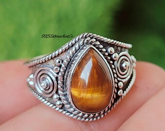 Handmade Pear Tiger's Eye Ring: 925 Sterling Silver Designer Jewelry
