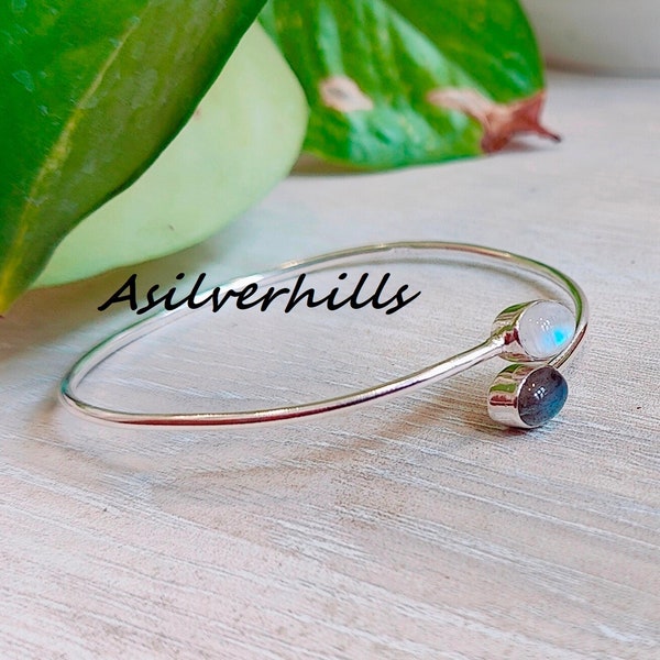 Moonstone Bangle, Oval Shape Bangle, 925 Solid Silver Bangle, Two Gemstone Bangle, Statement Bangle, Women Bangle, Mother's Day Gift Bangle