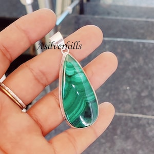 Pear Malachite Pendant: Long Gemstone, 925 Sterling Silver