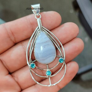 Blue Lace Agate With Blue Topaz Pendant, 925 Silver Necklace, Four Gemstone Pendant, Designer Handmade Pendant, Pendant Gift For Christmas
