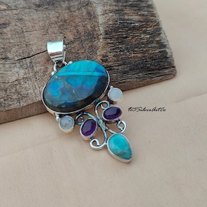 Blue Labradorite & Larimar Pendant: Sterling Silver Moonstone Amethyst Necklace