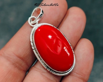 Colgante de coral rojo en plata de ley: collar de piedras preciosas hecho a mano
