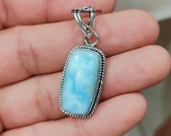 Natural Larimar Pendant, 925 Sterling Silver Necklace, Larimar Pendant Jewelry, Handmade Pendant, Rectangle Shape Larimar Pendant Gifts