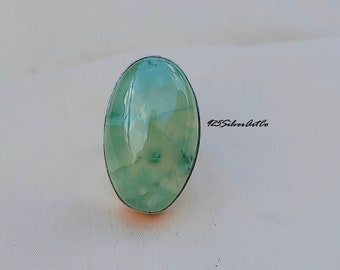 Prehnite Ring: Handmade Oval Green Stone, 925 Sterling Silver Band