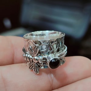 Anillo giratorio de abeja de ónix negro: joyería de meditación en plata de ley 925