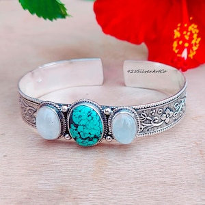 Tibetan Turquoise Bangle, Three Gemstone Bangle, Moonstone Bangle, 925 Sterling Silver Bangle, Silver Designer Boho Jewelry, Handmade Item