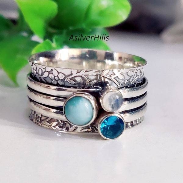 Larimar Ring, 925 Sterling Silver Ring, Blue Topaz Ring, Three Stone Ring Handmade Ring, Women Ring, Spinner Ring, Gemstone Ring Jewelry