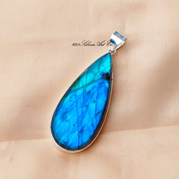 Large Pear Labradorite Pendant: Handmade 925 Sterling Silver Necklace