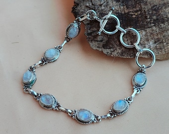 Rainbow Moonstone Bracelet: Handmade 925 Sterling Silver Adjustable Tennis Bracelet
