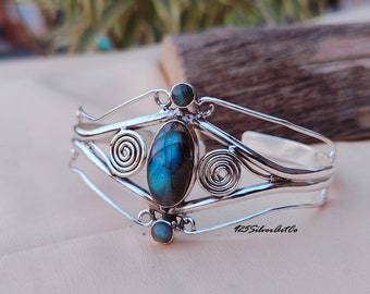 Blue Long Oval Labradorite Adjustable Cuff Bangle, 925 Silver Bangle, Handmade Jewelry Gift For Women, Gifts For Mom, Designer Jewelry