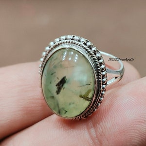 Designer Prehnite Ring, 925 Sterling Silver Ring, Handmade Ring, Vintage Ring, Prehnite Jewelry, Stackable ring, valentine&#39;s day Gift Ring