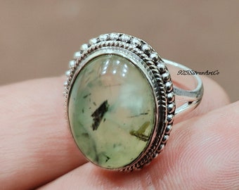 Handmade Oval Prehnite Ring, 925 Sterling Silver Band