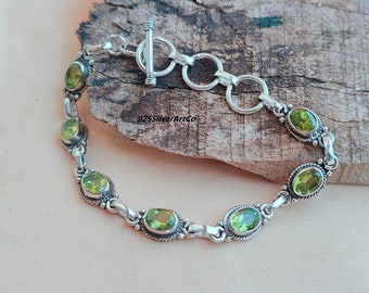 Peridot Armband, Edelstein Silber Gliederarmband, handgemachtes Armband Schmuck, verstellbares Armband für Frauen, Geburtstagsgeschenk, Peridot Schmuck