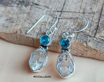 Raw Herkimer Diamond Earring, Tiny Herkimer Earring, Silver Earring, Drop Earring, Blue Topaz Earring, Rough Stone Earring, Gifts Earring