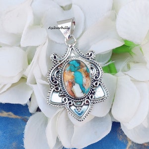 HUGE Oyster Copper Turquoise Pendant, 925 Sterling Silver Pendant, Oyster Oval Pendant, Handmade Silver Jewelry, Gift For Her, Love Gift