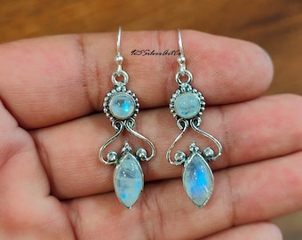 Bohemian Moonstone Dangle Earrings: 925 Sterling Silver