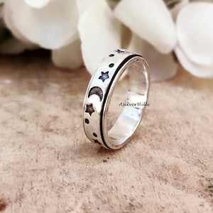 925 Silver Star Moon Spinner Ring: Handmade Meditation Jewelry