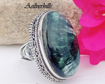 Sterling Silver Ring With 18x30 mm Seraphinite Gemstone Split Band Ring, Handmade Boho Jewelry, Oval Shape Ring, Green stone Ring Jewelry