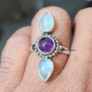 Moonstone & Amethyst 925 Silver Ring For Women, Handmade Design Ring Jewelry, Moonstone Ring Gifts, Three Stone Ring, Wedding Gifts For Her
