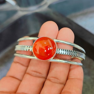 Round Carnelian 925 Silver Cuff Bangle, Adjustable Handmade Bracelet, July Birthstone Jewelry, Red Carnelian Bangle Gift For Christmas
