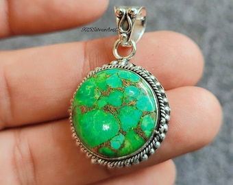 Green Copper Turquoise Sterling Silver Pendant: Handmade Gemstone Necklace