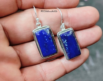 Handmade Rectangle Lapis Lazuli Dangle Earrings, 925 Sterling Silver