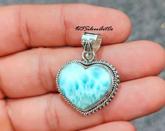 Heart Shape Natural Larimar Pendant, 925 Sterling Silver Necklace, Larimar Jewelry, Handmade Pendant,  Designer Larimar Etsy Pendant Gifts