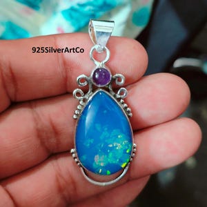 Designer Australia Opal Pendant, 925 Sterling Silver, Amethyst Pendant, Handmade Necklace, Two Gemstone Pendant, Valentine Day Gift For Her