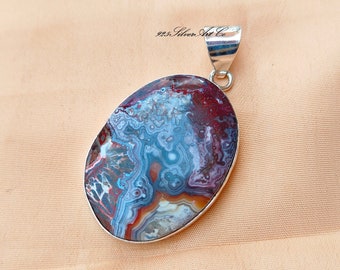 Handmade Mexican Crazy Lace Agate Pendant: Sterling Silver Necklace