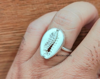 925 Silver Cowrie Shell Ring: Handmade Boho Band Ring