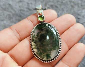 Handmade Moss Agate Pendant: 925 Sterling Silver Necklace