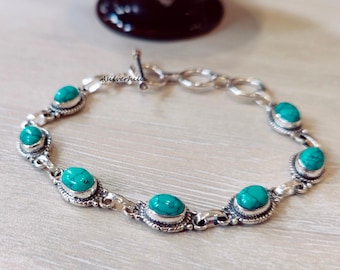 Beautiful Turquoise Gemstone Bracelet, Oval Shape Bracelet, 925 Sterling Silver Bracelet, Fashion Bracelet, Unisex Gift, Adjustable Bracelet