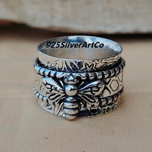 Wide Band Bee Spinner Ring, Sterling Silver Spinner Ring, Meditation Ring, Anxiety Ring, Fidget Ring, Thumb Spinner Ring Bee Spinner Jewelry