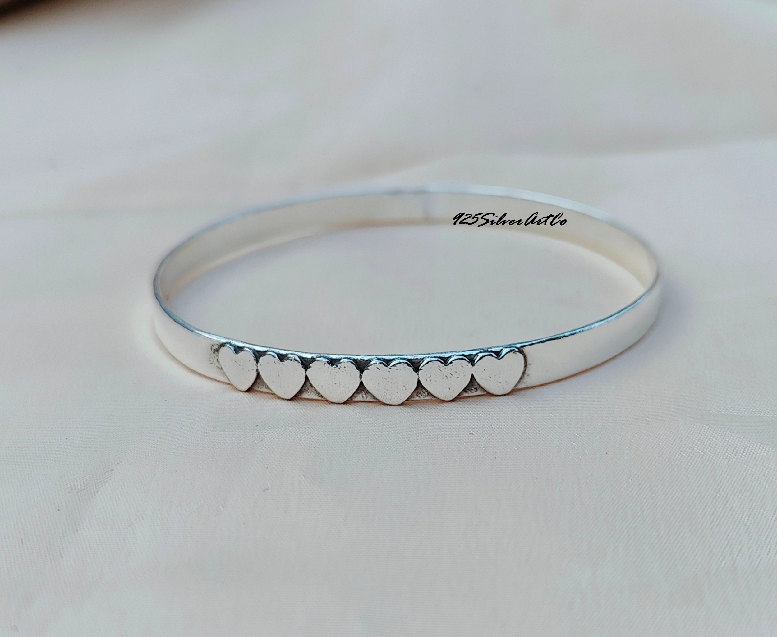 Sterling Silver Bangle With Tiny Hearts: Promise Jewelry Gift - Etsy