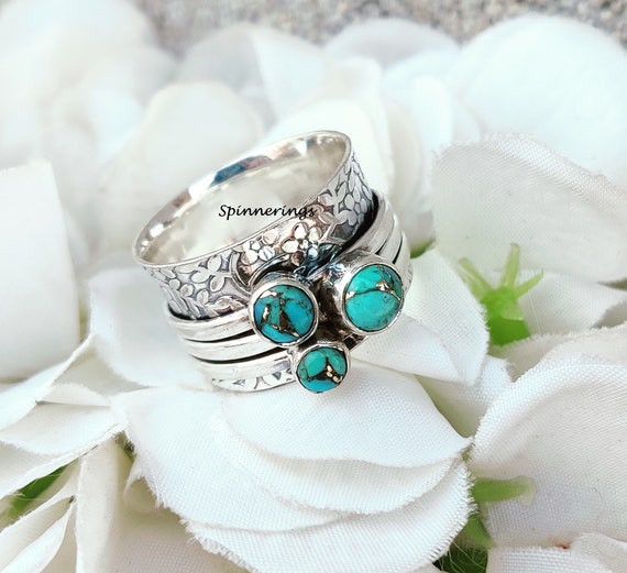 Copper Turquoise Ring, Spinner Ring, 925 Silver Ring, Handmade - Main Image