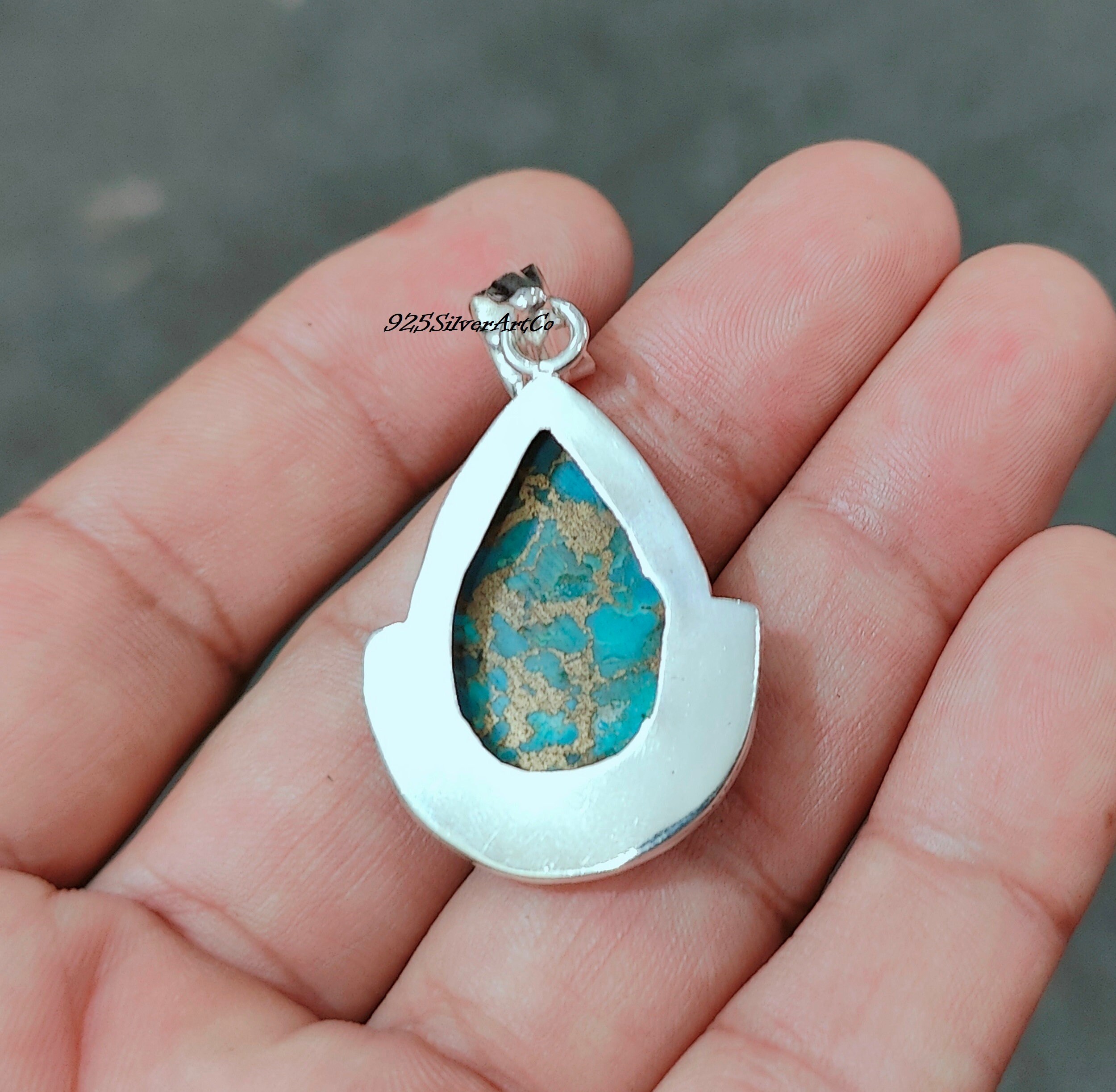 Blue Copper Turquoise Pendant: Handmade 925 Sterling Silver