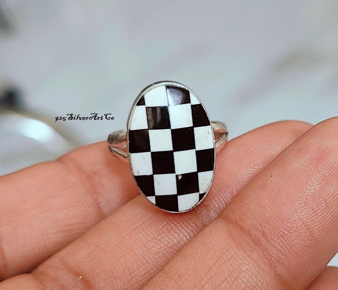Checkbord Black & White Checkbord Ring : 925 Sterling Silver Handmade Jewelry ...