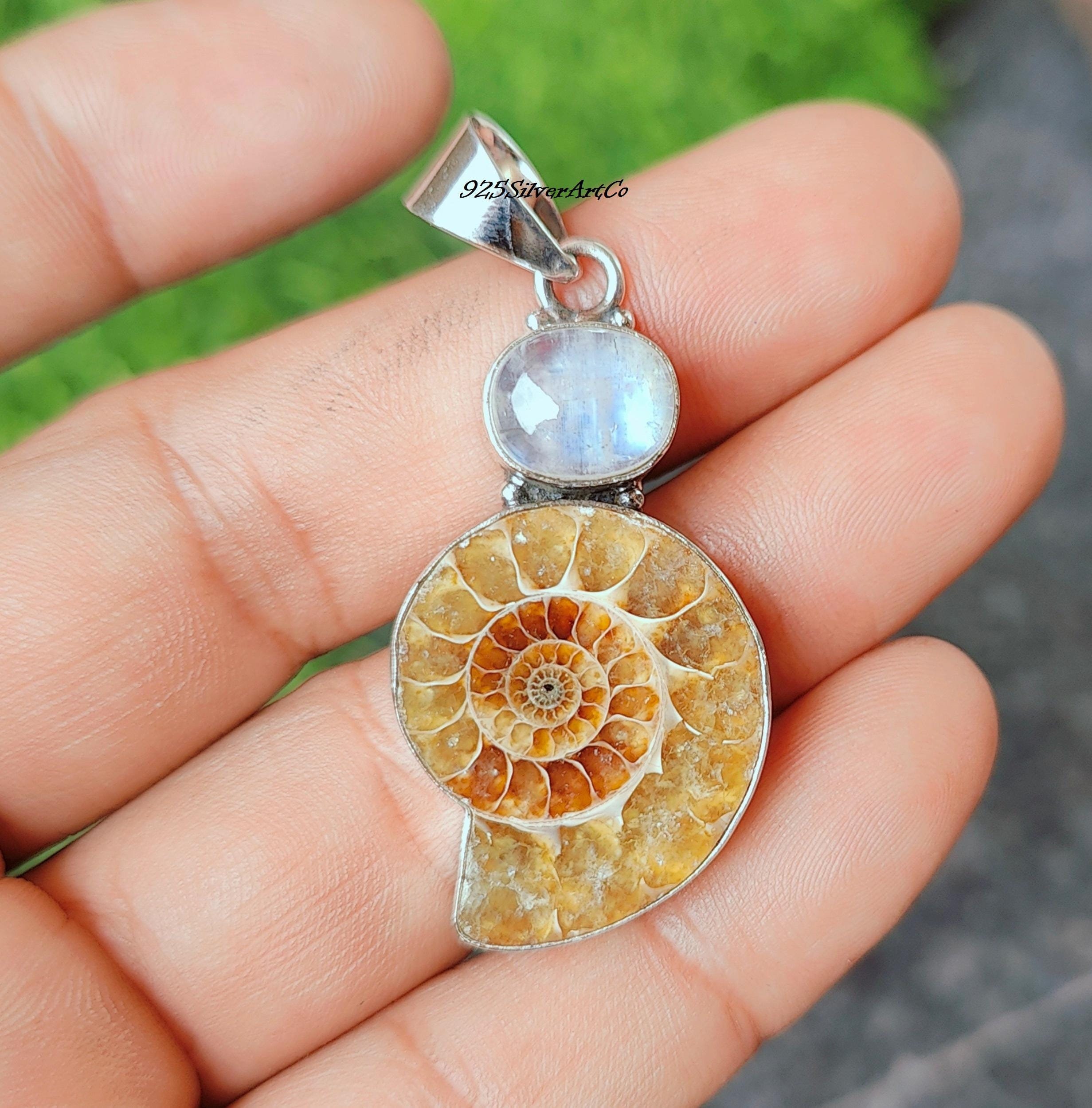 Ammonite Moonstone Necklace: Sterling Silver Bohemian Pendant