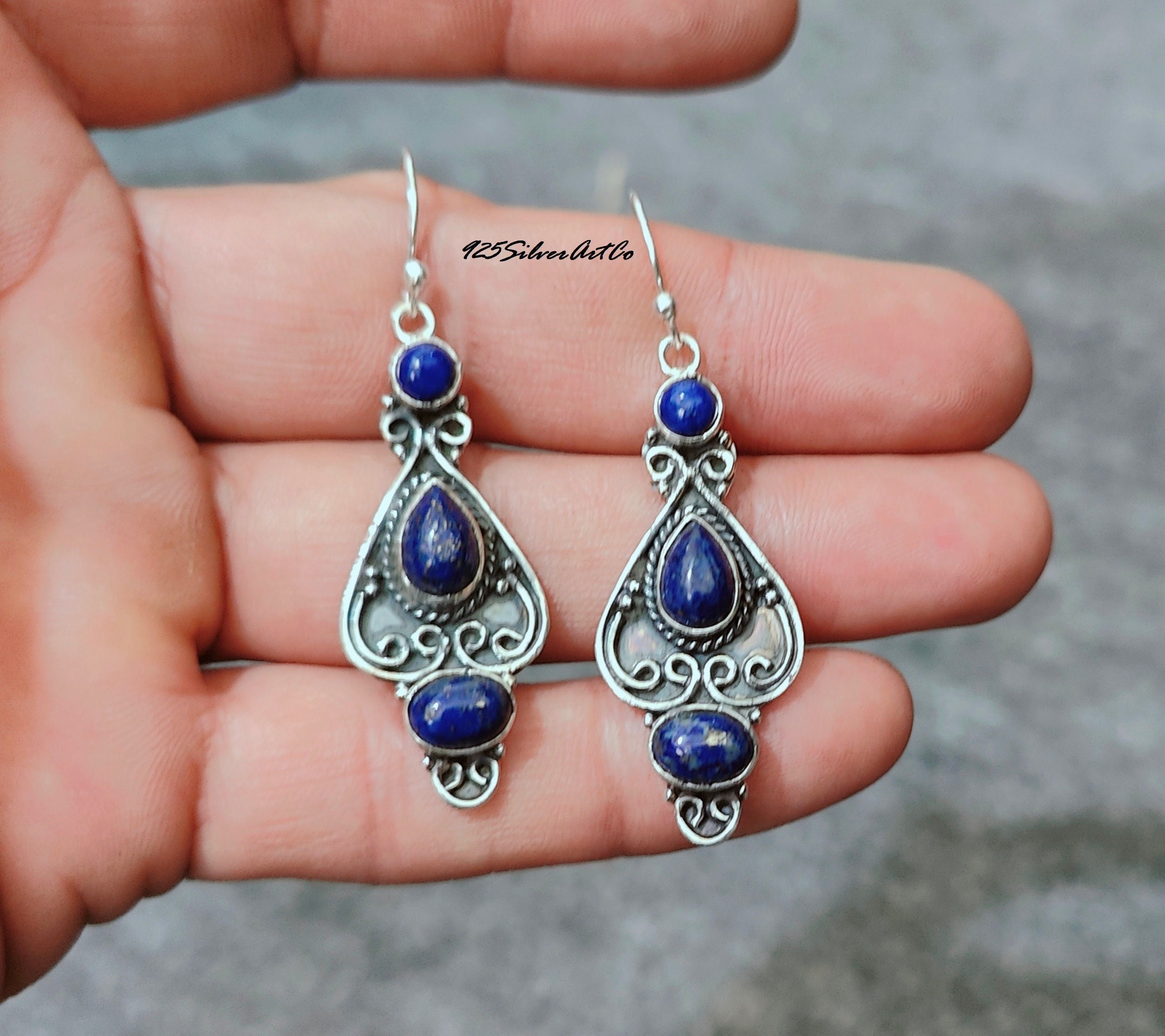 Boucles D'oreilles Pendantes Lapis Lazuli Et Argent Massif 925 - Fait Main, Unique