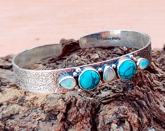 Handmade Sterling Silver Bangle: Ethiopian Opal & Turquoise Cuff